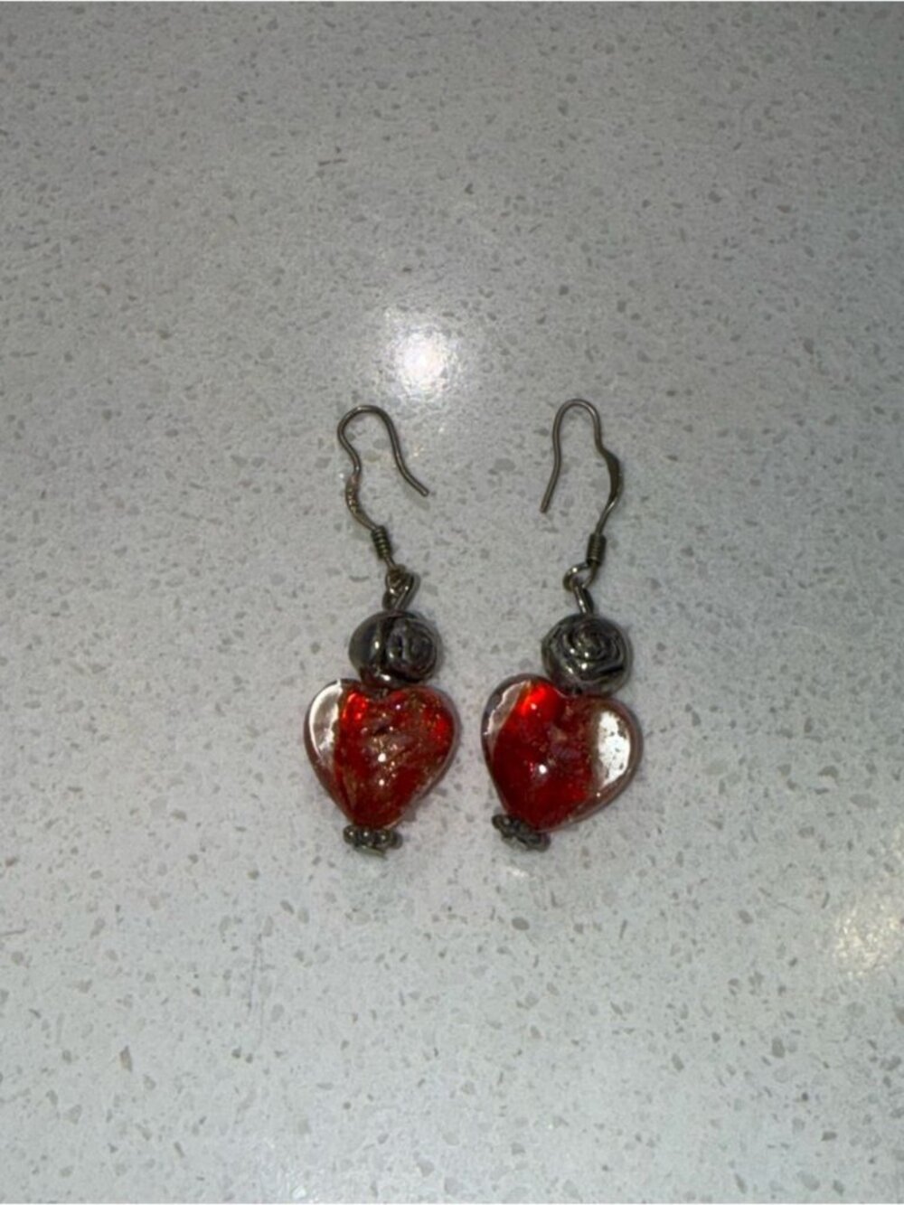 Vintage 925 Sterling Silver Dangle Earrings with Glass Heart and Rose Accent - Picture 4 of 4